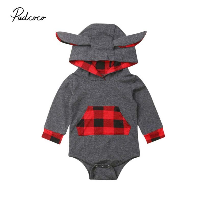 Baby Frühling Herbst Kleidung Kleinkind Baby Jungen Mädchen Ohren Mit Kapuze Bodys Langarm Plaids Baumwolle Overall 0-24M Outfits