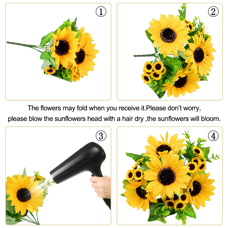 7 grener/bukett gul silke solsikke bukett vakker kunstig blomst tusenfryd hode til bryllup bursdagsfest hjemme hage deco