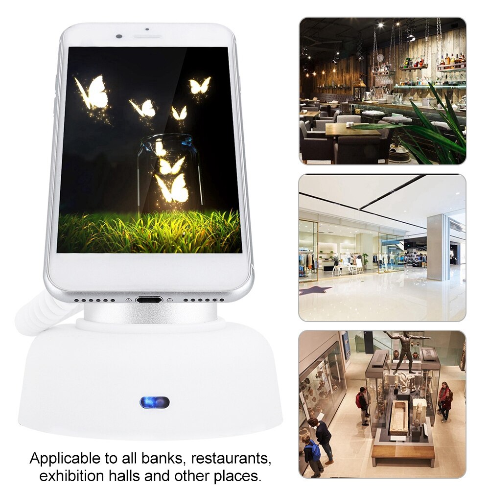 Soporte de pantalla antirrobo para teléfono móvil con alarma de seguridad y función de carga 110-240V