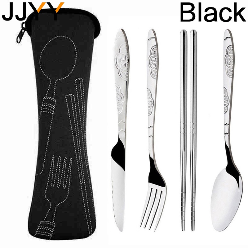 JJYY-Juego de vajilla portátil, cuchillos impresos, tenedor, cuchara, acero inoxidable, familia, Camping, carne, cubiertos, vajilla con bolsa, 4 Uds./3 uds.: Azul