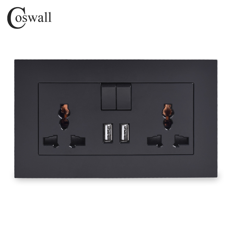 Coswall 13a universal switched socket 2 usb ladeport til mobil udgang 2.1a vægudtag grå farve pc panel