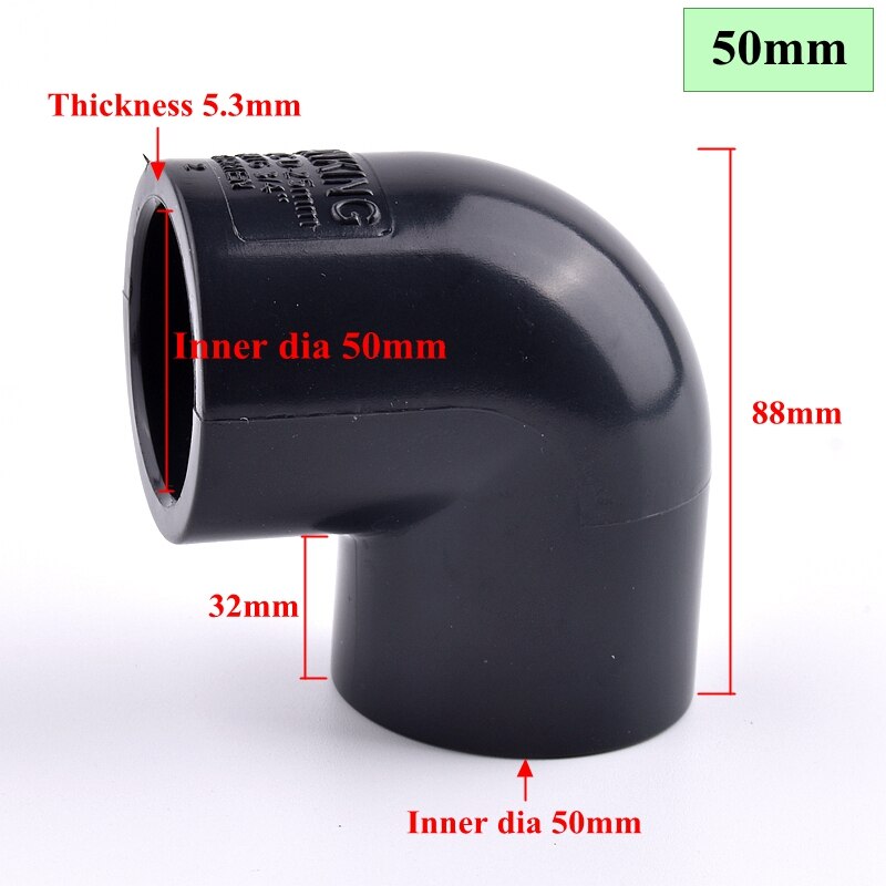 I.D 20~63mm UPVC Pipe 90° Equal Elbow Connector Irrigation System Hydroponics Planting Frame Plastic Elbow Socket Connectors: 1pc / Inner Dia 50mm
