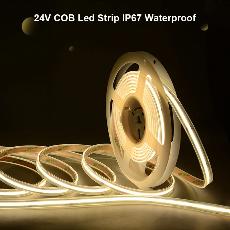 IP67 COB LED Strip Light Waterproof 480 LEDs/m High Density Flexible Tape Ribbon 3000K-6500K Led Lights RA90 Linear Outdoor 24V