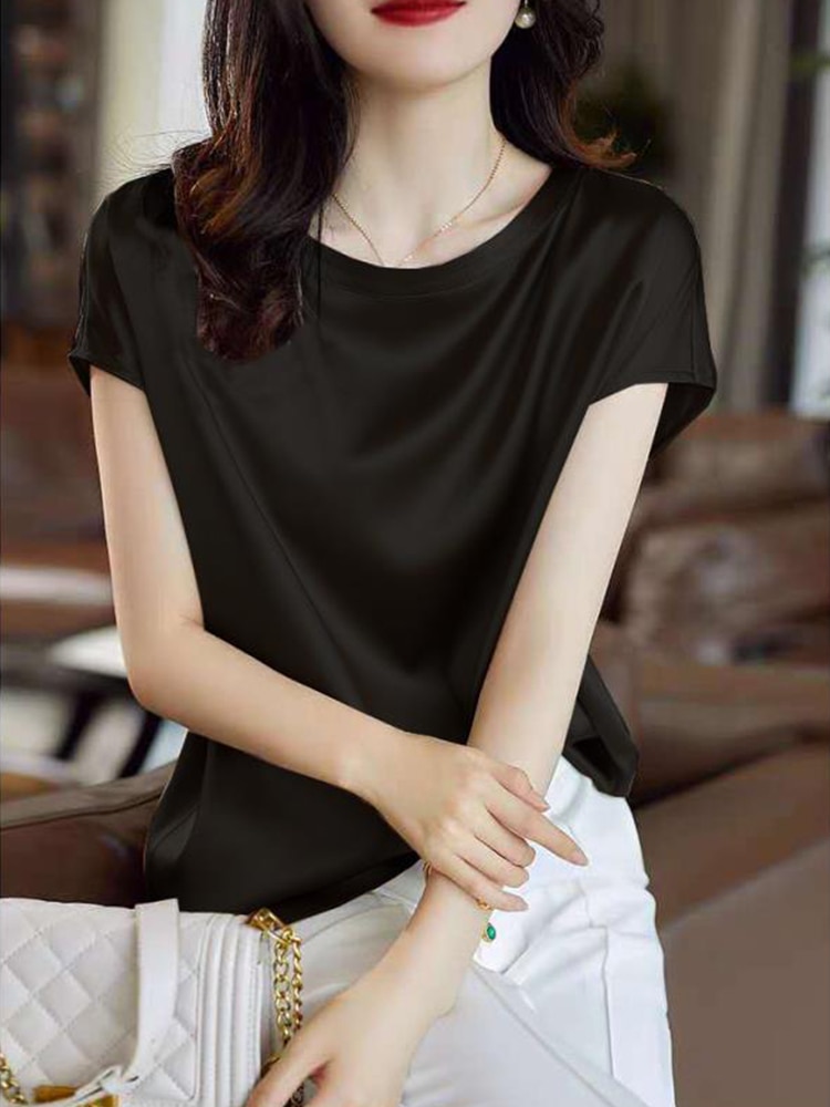Camisetas de manga corta finas de seda para mujer, ropa de verano de estilo coreano, Tops elegantes negros y marrones, Tops sólidos holgados informales de talla grande 4XL