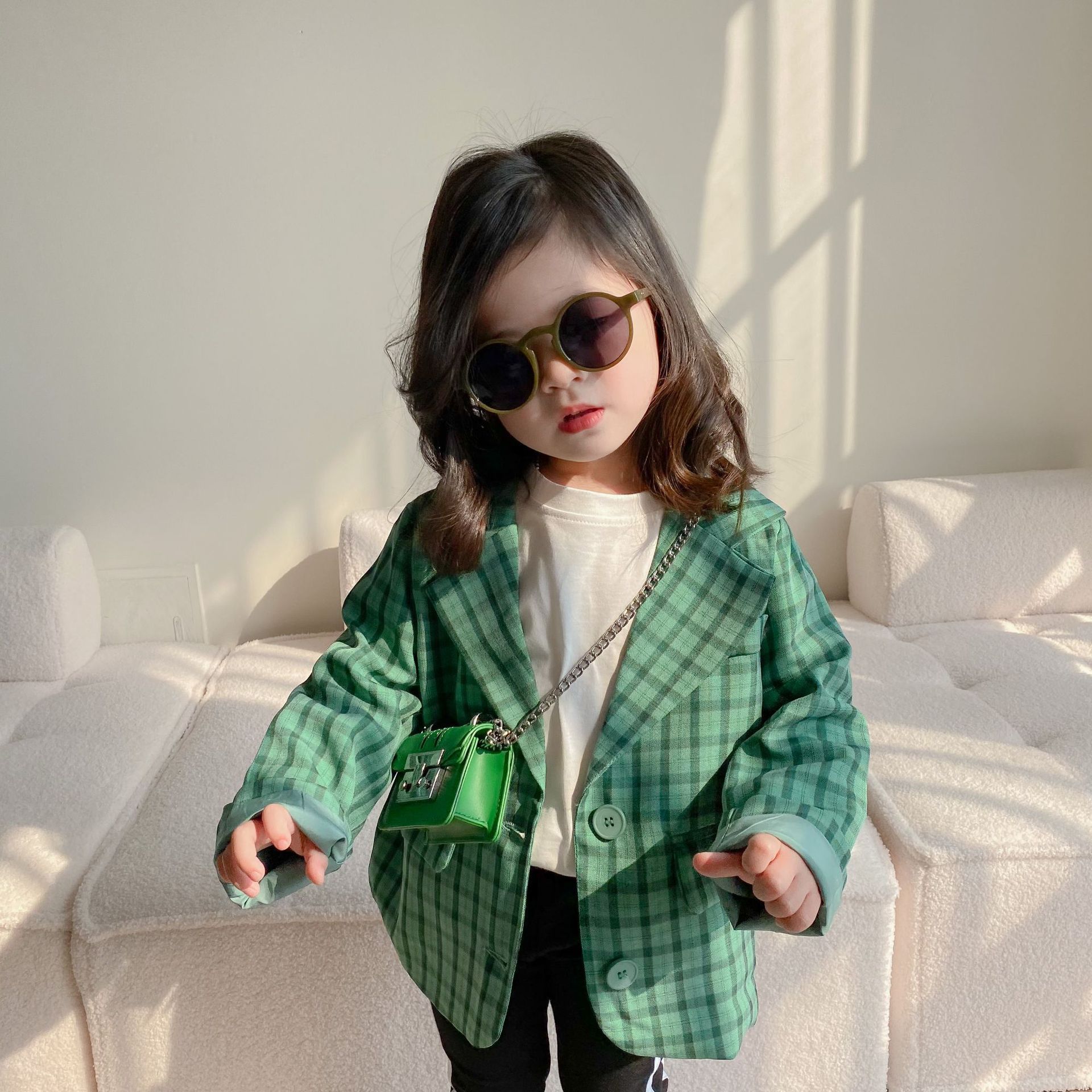 2022 Spring Girls Plaid Coat Green Jacket