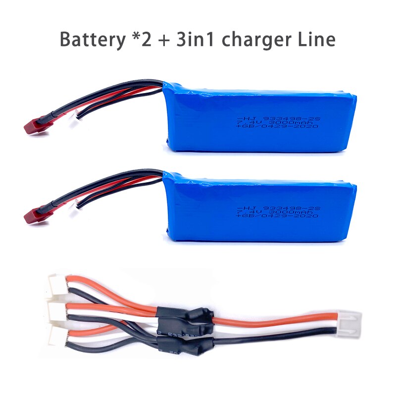 Wltoys 144001 Car 2s 7.4V 3000mAh Upgraded Lipo Battery T Plug For Wltoys 1/14 144001 RC Car Boat Lipo Battery Parts Upgraded: 2Battery3in1Line