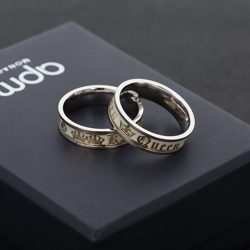 Luminous Titanium Steel Couple Ring Golden Crown Her King His Queen Husband and Wife Jewelry Anniversary Valentine's Day