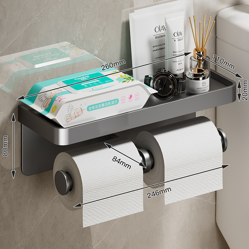 Soporte de papel higiénico grande, portarrollos de papel montado en la pared con bandeja de almacenamiento, soporte para teléfono móvil, accesorios de baño: Blanco