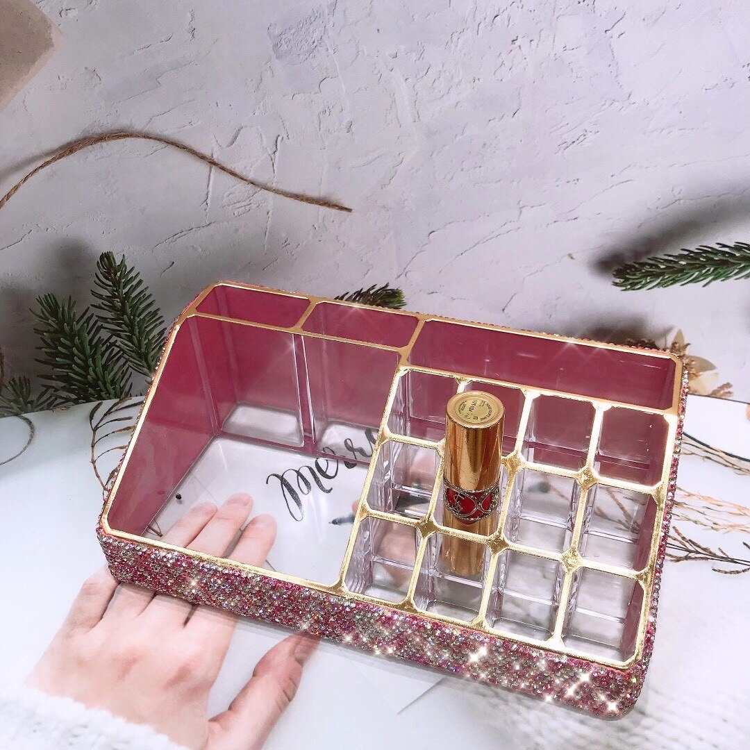 Sparkling Acrylic Box Make Up Organizer All Rhinestones Handmade Bathroom Organizer Plastic Storage Box Dressing Table Storage: Pink