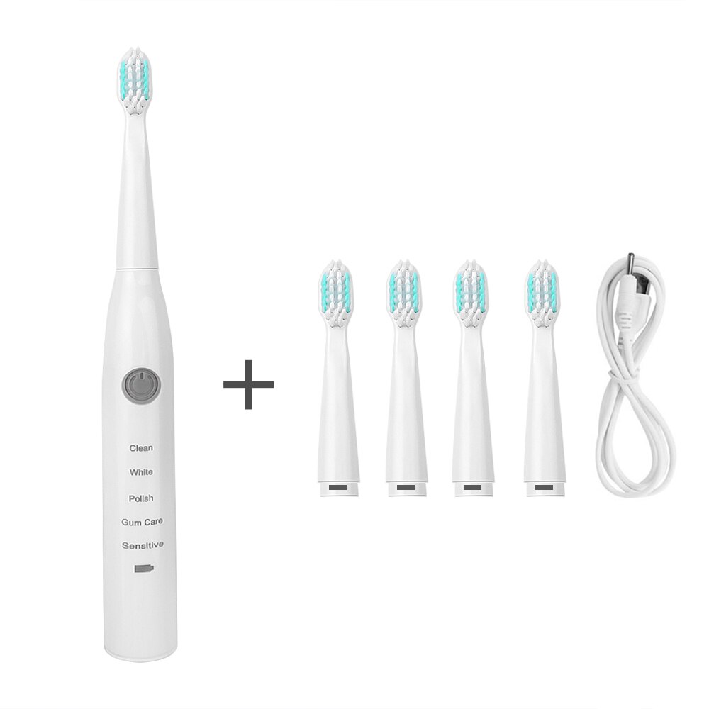 Electric Toothbrush Rechargeable buy one get four free heads Sonic Toothbrush 5 Mode Travel Toothbrush with 4 Brush Head: 1 Set White