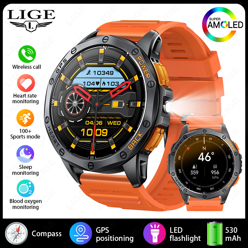 Lige novo relógio inteligente de rastreamento gps masculino 4gb memória tela amoled freqüência cardíaca bluetooth chamada ao ar livre bússola à prova dwaterproof água smartwatches: Preto