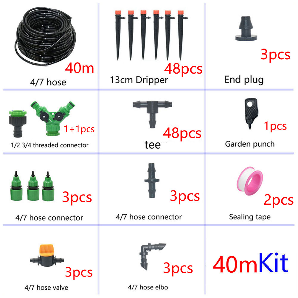 1/4" Hose Drip Irrigation System 360 Degree Adjustable 8 Hole Sprinkler Kit Garden Watering Inserting Ground Micro Flow Dripper: 40M