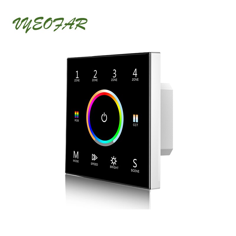 Led RGBCCT Strip Controller DMX Master &amp; 2.4GHz Dual Function 100V-240V Wall Mount Touch Panel 4 Zone RGB CCT String Control: T15 Black