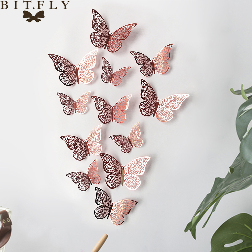 ¡Oferta! 12 unids/set de pegatinas de pared 3D mariposa hueca para decoración de la pared del hogar de las habitaciones de los niños DIY mariposas nevera adhesivos decoración de dormitorio: 8