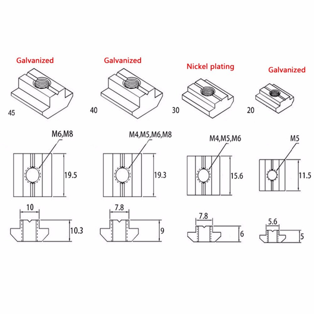 Écrou coulissant en T plaque revêtue de Zinc | /3030/4040/4545 série M3/M4/M5/M6/M8/M10 fil aluminium 10 pièces