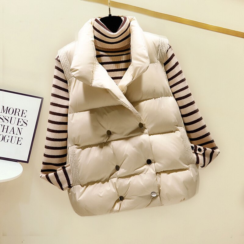 Vrouwen Double-Breasted Korte Vest Herfst Winter Stand Kraag Katoen Gewatteerde Puffer Jas Vrouwelijke Parka Body Uitloper