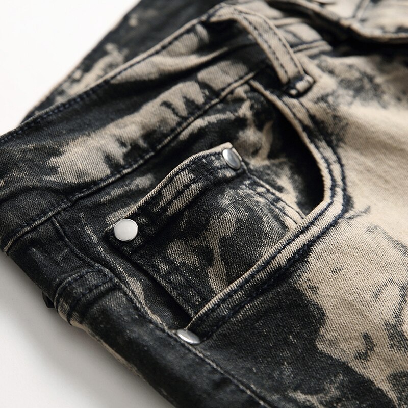 Men's tie dye slim stretch jeans Plus size washed denim pants