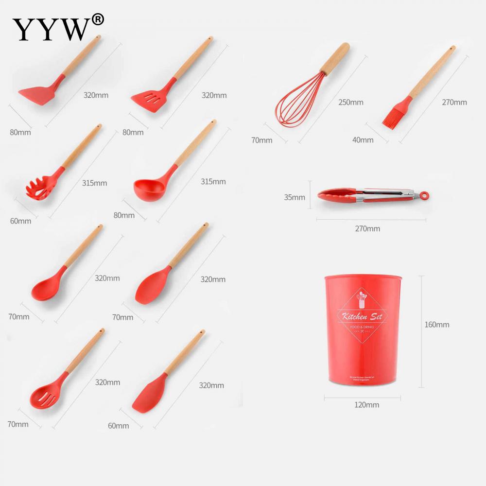 Silicone Kitchen Cooking Utensil Sets 12pcs Wooden Handle Red Kitchen Utensils Tools Non-Stick Spatula Shovel Cooking Tools Set