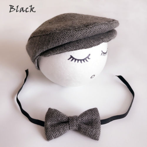 Newborn Baby Peaked Beanie Cap Hat + Bow Tie Photo Photography Prop Outfit Set Little Gentle Man