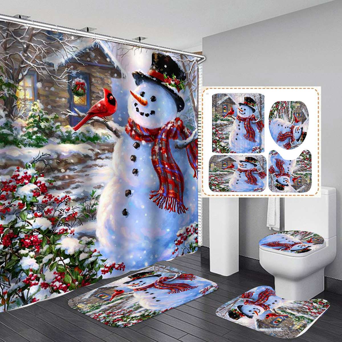 Kerstboom sneeuw Gedrukt Patroon 180x180cm Douchegordijn Voetstuk Tapijt Deksel Wc Cover Mat antislip badmat Set Badkamer