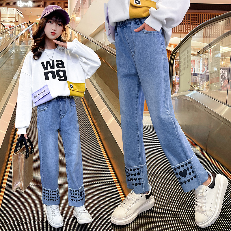 Pantalones vaqueros con estampado de amor para niñas, Jeans rectos informales que combinan con todo, ropa para niños de 12, 13 y 14 años, primavera 2022