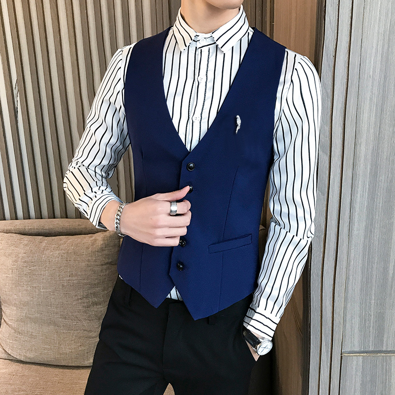 Barber's vest man business casual waistcoat men classic solid slim fit groom wedding dress party korean vests