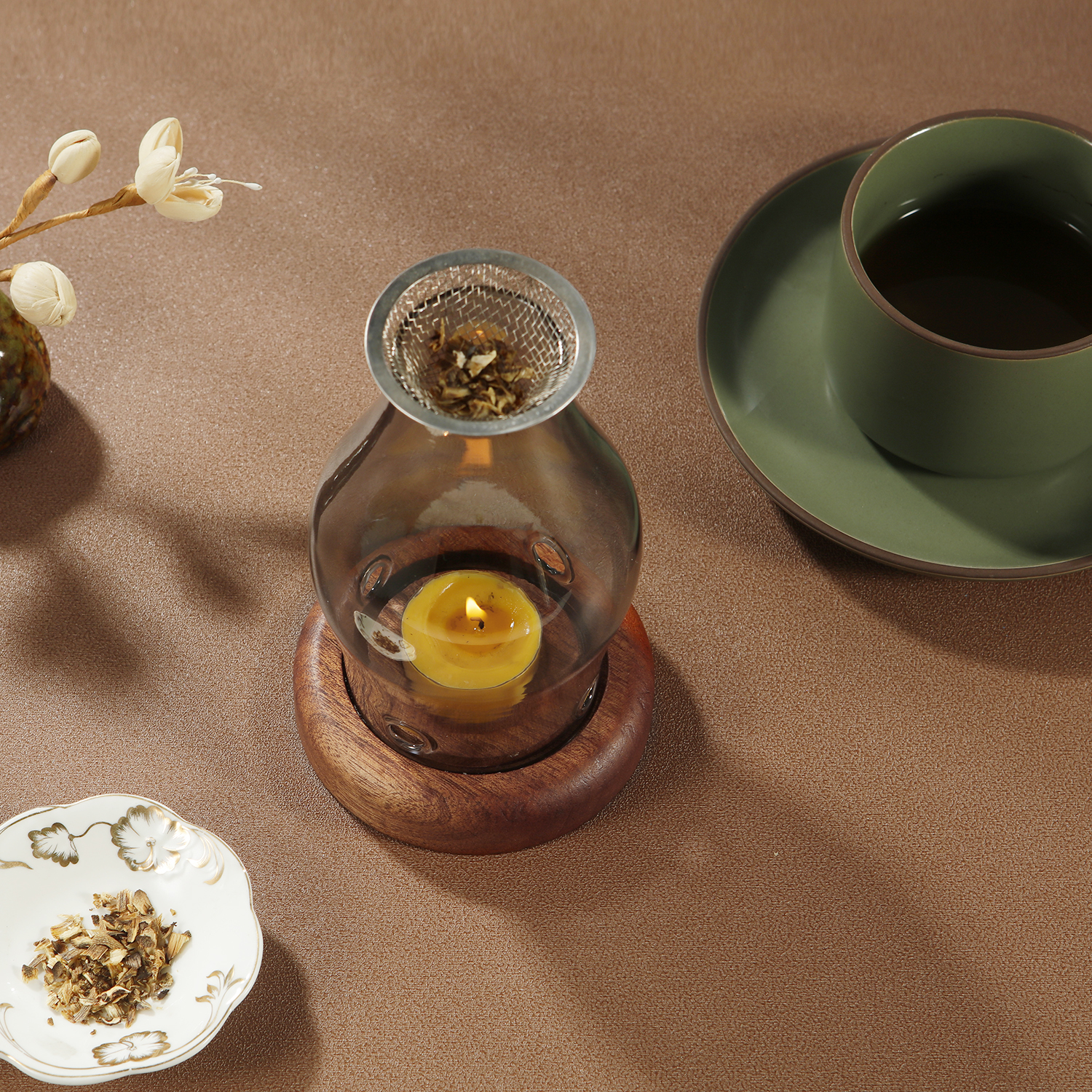 Kerzenhalter aus Glas, Aromatherapie-Heizhalter mit Holzsockel, Aromatherapie-Räuchergefäß für Yoga, SPA, Aromatherapie