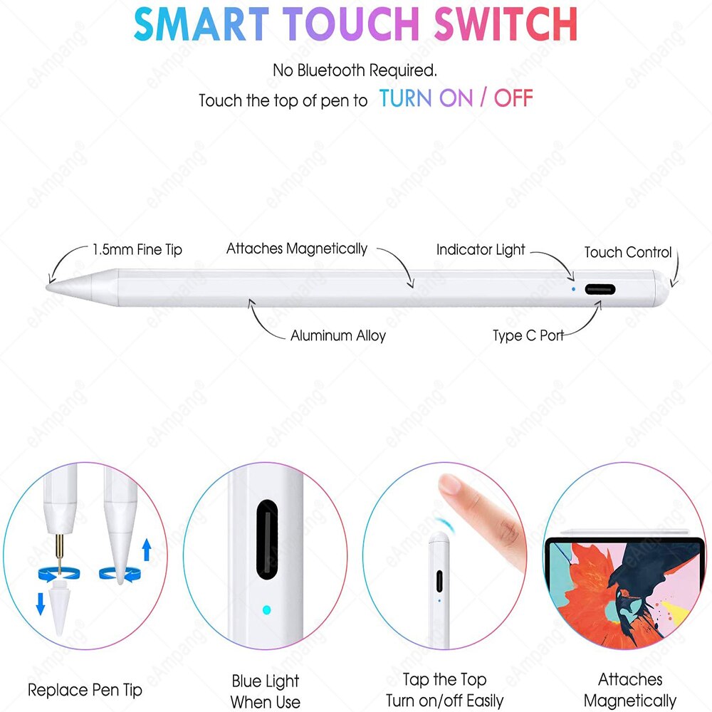 Stylus Pen for Apple iPad - Tilt Pressure Sensitive - Palm Rejection - for iPad Pro 11/12.9 Air 4 10.2 7th/8th Gen