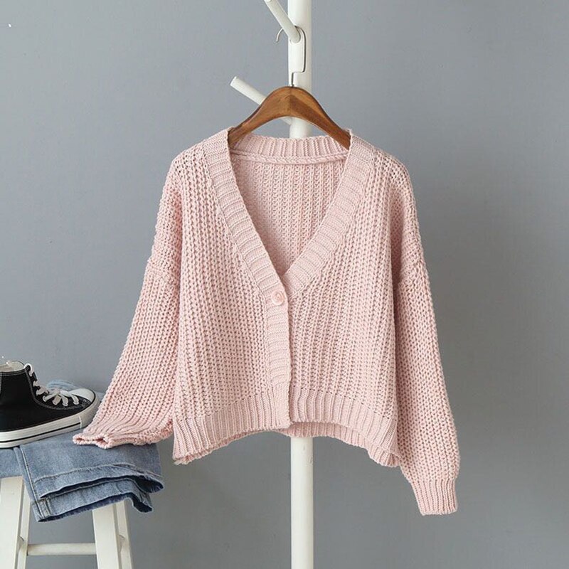 Høst dame retro stil ensfarget en knapp løs v-hals strikket cardigan genser damejakke rosa hvit: 1