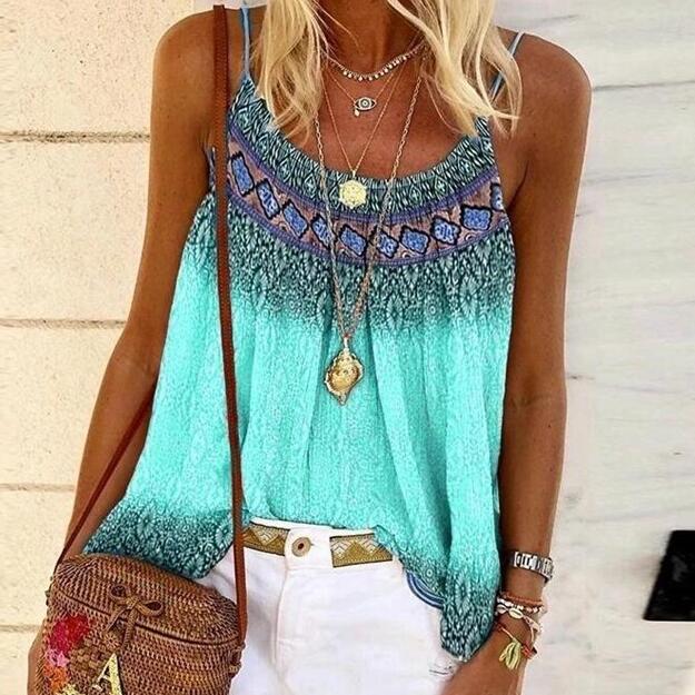 Camisetas sin mangas con tirantes para mujer, ropa Sexy informal de verano para playa, impreso bohemio, Floral, sin mangas,