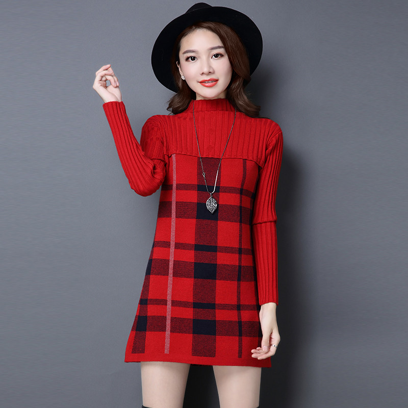 Women Autumn Winter Dress Turtleneck Long Sleeve Plaid Knitted Sweater Dress Female Loose Sweaters Pullovers Dress 315