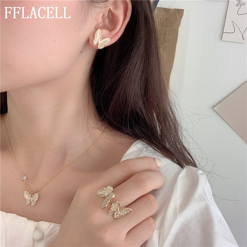 Fflacell Chic Mode-sieraden Opal Shell Rhinestone Parelmoervlinder Vlinder Ringen Opening Verstelbare Oorbellen Choker Ketting