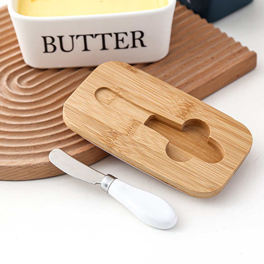 Butter Sealing Box Ceramic Butter Plate with Wood Lids Butter Dish Container Keeper Tray Household Sugar Spices Storage Case