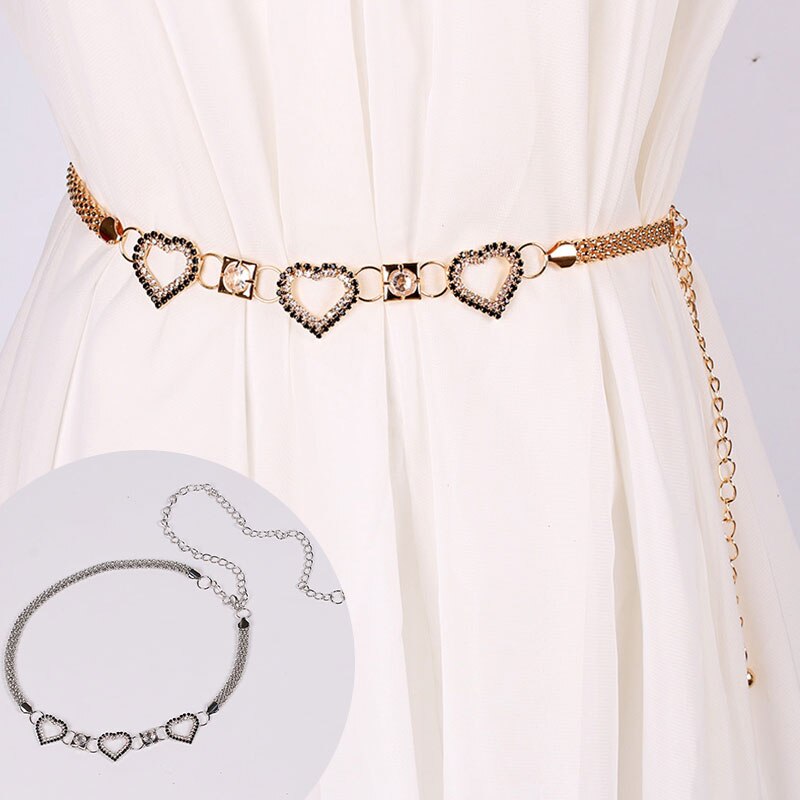 Cinturón de cadena de corazón con diamantes de imitación para mujer, faja de Metal, pretina clásica, para vestido, cadena de cintura, cadenas doradas y plateadas