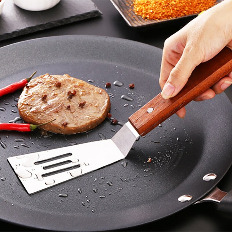 Spatule à steak de bœuf en acier inoxydable avec manche en bois, pelle à passoire plate, accessoires de cuisine, ustensiles 2 pièces