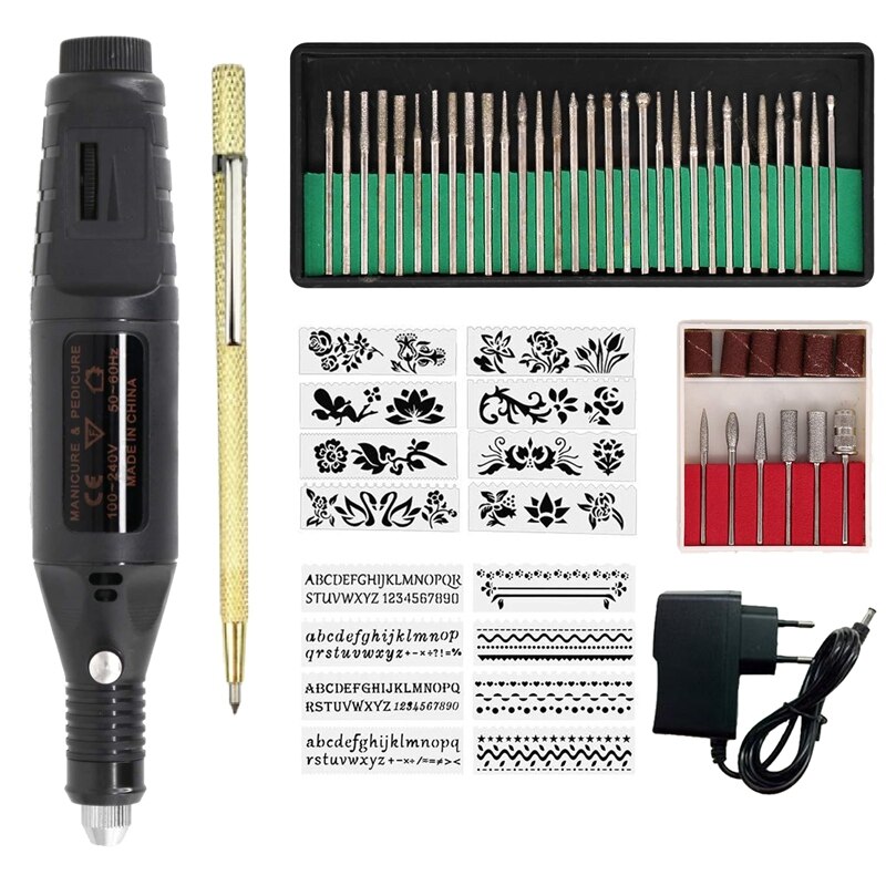 Elektrische Micro-Graveren Pen Mini Diy Graveren Tool Kit Metaal Keramische Plastic Hout Sieraden Met Nietmachine Etcher 30 bit En: Default Title