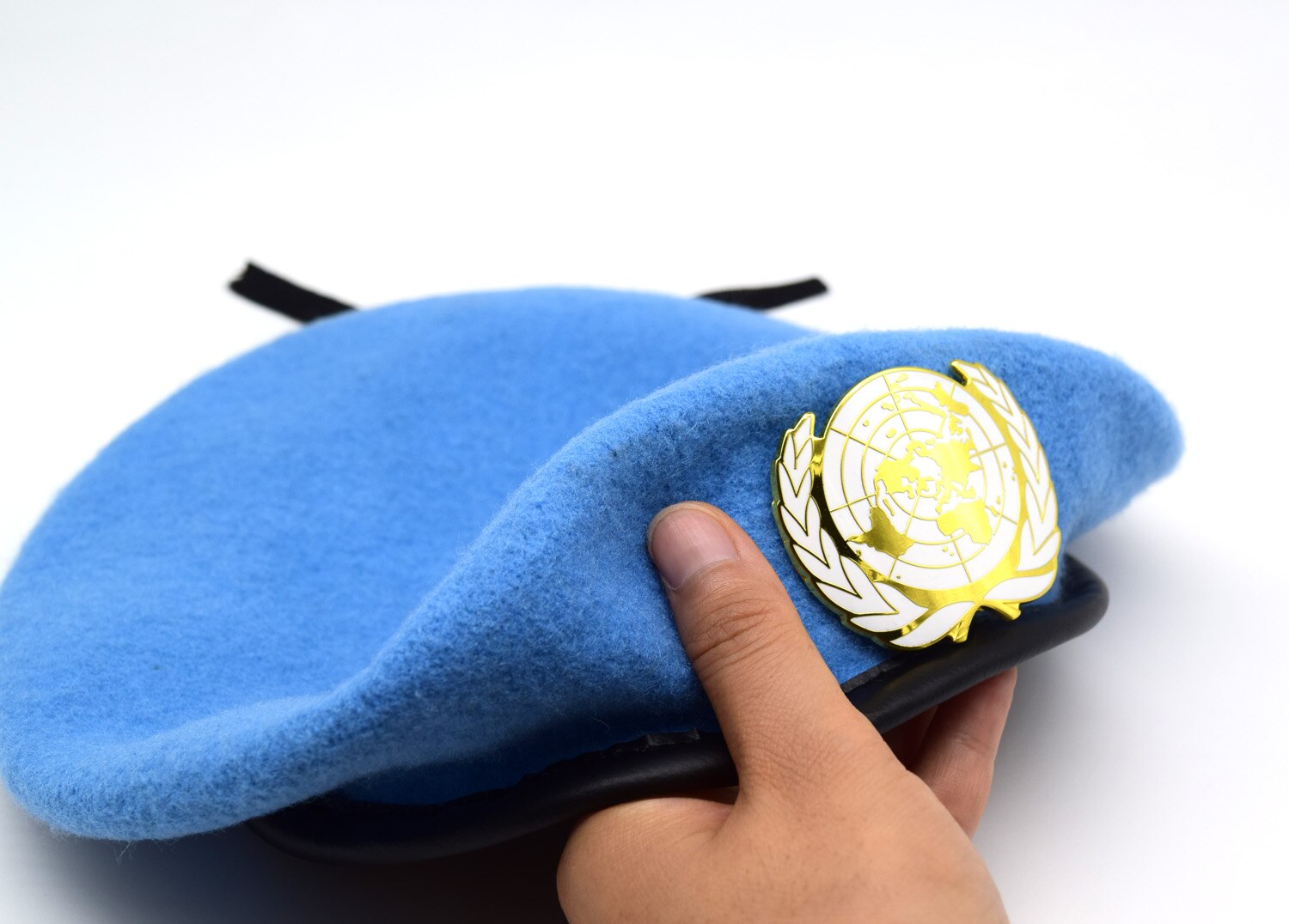 Verenigde Naties Vredeshandhaving Kracht Wollen Cap Hoed Un Blauwe Baret Met Un Gold Badge