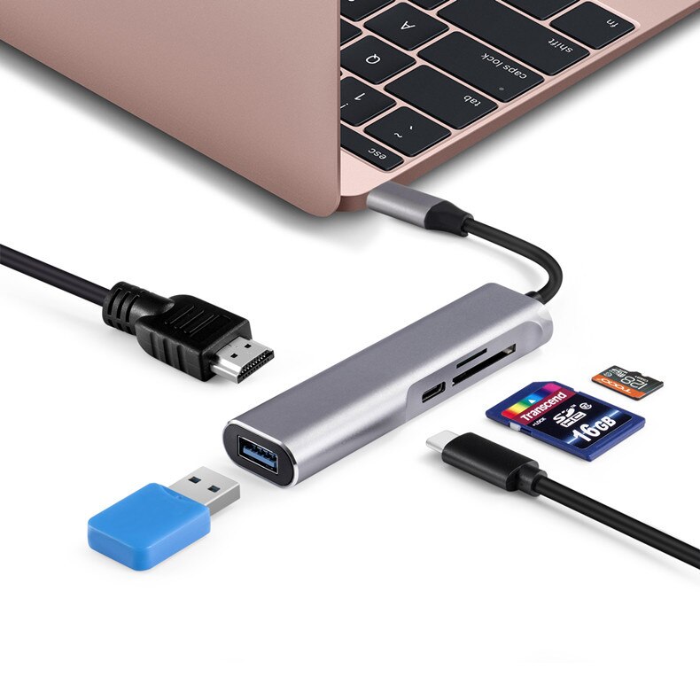 USB-C Hub for MacBook/Samsung Galaxy - HDMI 4K, RJ45, Thunderbolt 3, USB 3.0, Card Reader, PD: USB C 5IN1 Gray 04