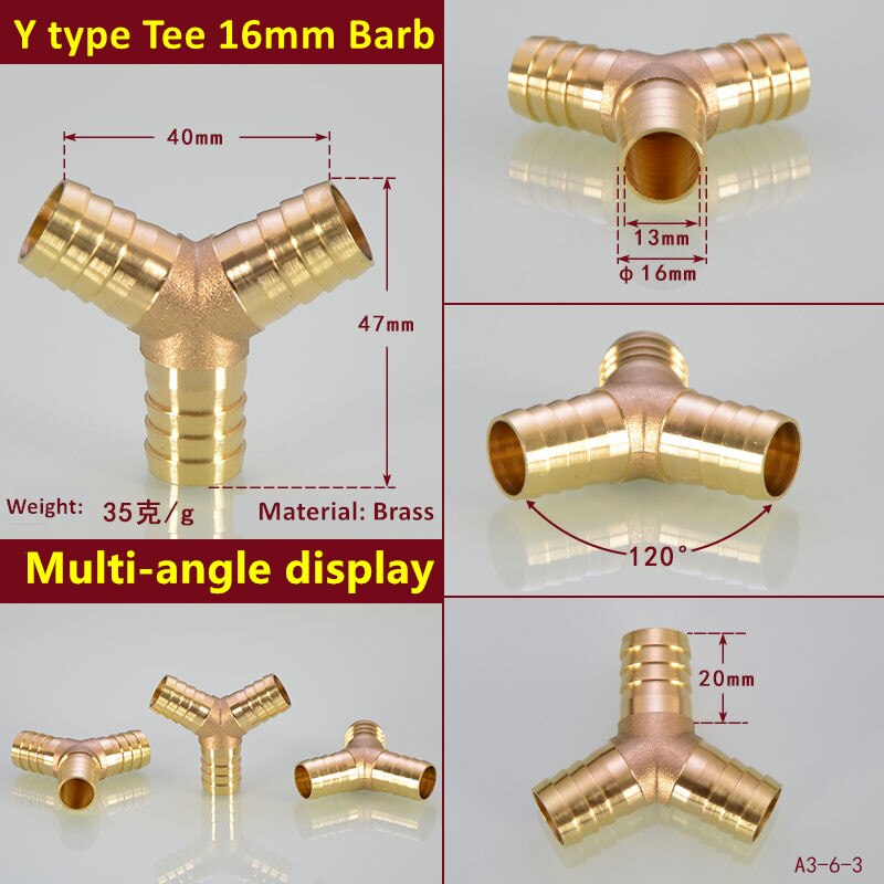 1PC Brass Barb Pipe Fitting Y Type 3 way tee connector For 4mm 5mm 6mm 8mm 10/12/14/16/19/25mm hose copper Pagoda Tube Fittings: Gold