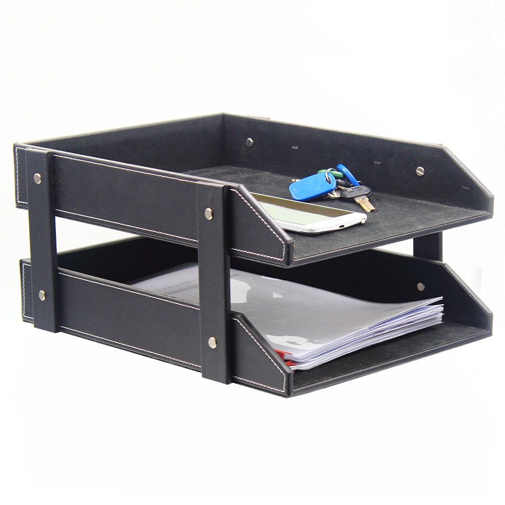 A4 Document File-Tray Rack File Organizer Double Layers Desk PU Leather For Office