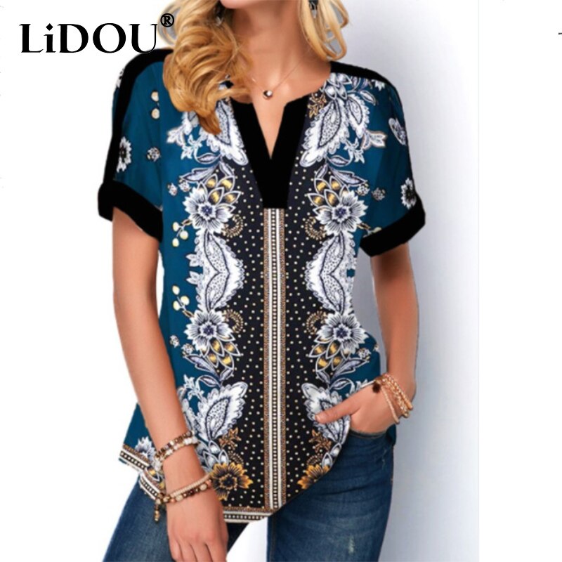 2022 Summer Street Hipster V-neck Personality Print Patchwork Short Sleeve Loose Casual T-shirt Top Women Oversized Tee
