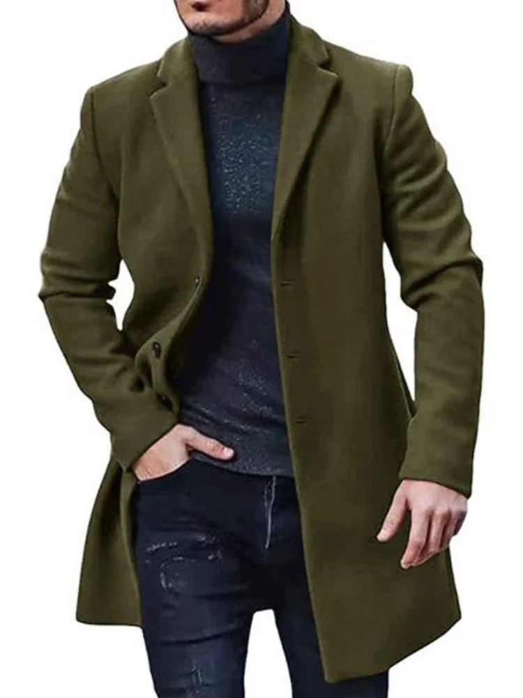 Men's Spring Autumn Mid length Cotton Coat Wool Blended Solid Color Casual Business Slim Fit Windproof Jacket