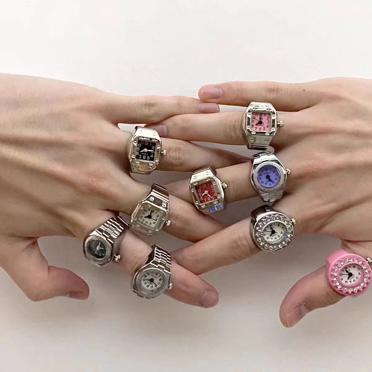 Anillo de reloj colorido para hombre y mujer, puntero Retro plateado, reloj de cuarzo, anillos para dedo, correa de aleación Punk, relojes, accesorios de joyería
