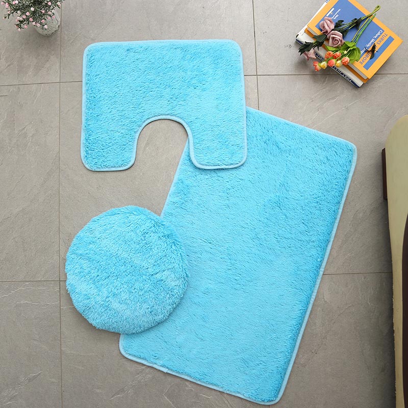 Set van 3 badmatten, grijs, toiletmatten, fleece, antislip badkamertapijt, toiletdeksel, waterabsorberend, douchematten, vloermat.: 3 stuks lichtblauw