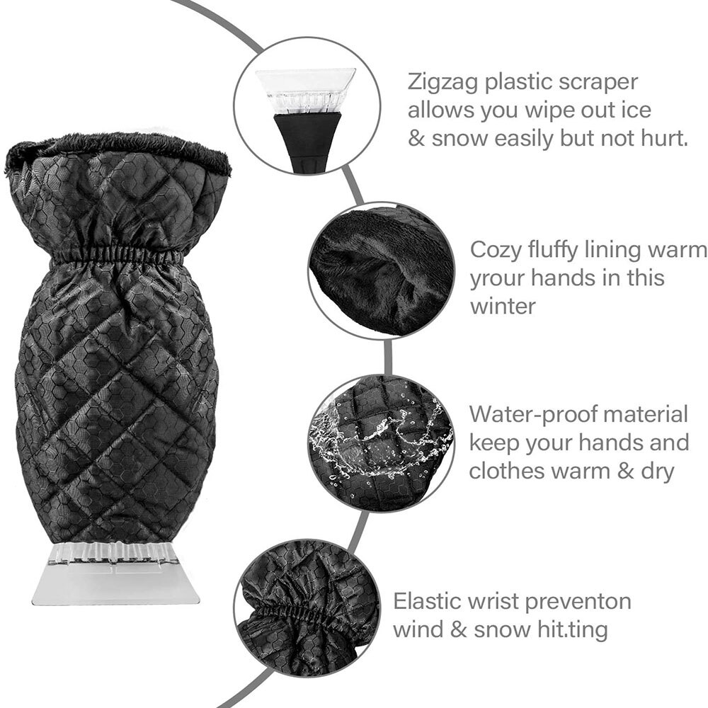 Ice Scraper with Mitt Waterproof Car Snow Scraper Glove Windscreen Scraper Lined of Thick Fleece with Closing Wristband