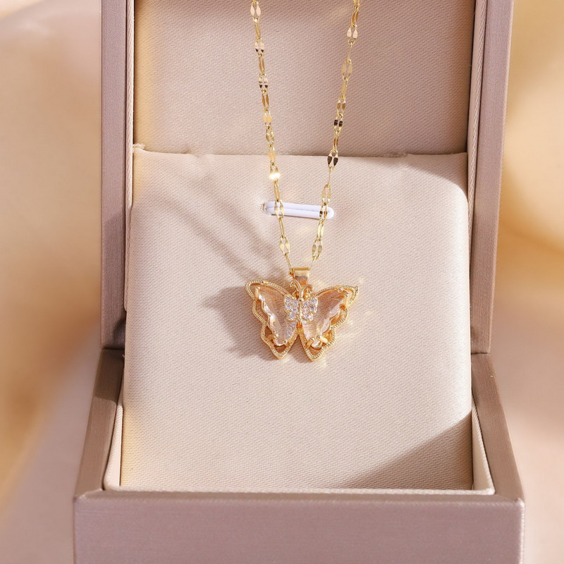 Nova moda de luxo zircão borboleta pingente colar para mulheres meninas aço inoxidável clavícula corrente feminino elegante festa jóias: Cor dourada amarelo claro