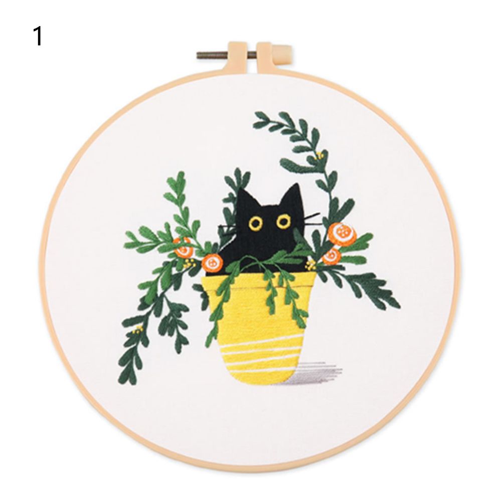 Kit de broderie motif chat noir fleur, outils de couture imprimés, Kit de couture artisanale pour débutant, broderie ronde, point de croix: 1
