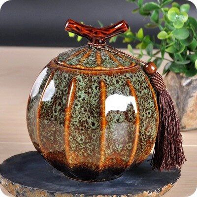 High grade ceramics furnace transmutation Porcelain Pumpkin Style tea jar ceramic tea barrel sealed tank storage tank tea caddy: E
