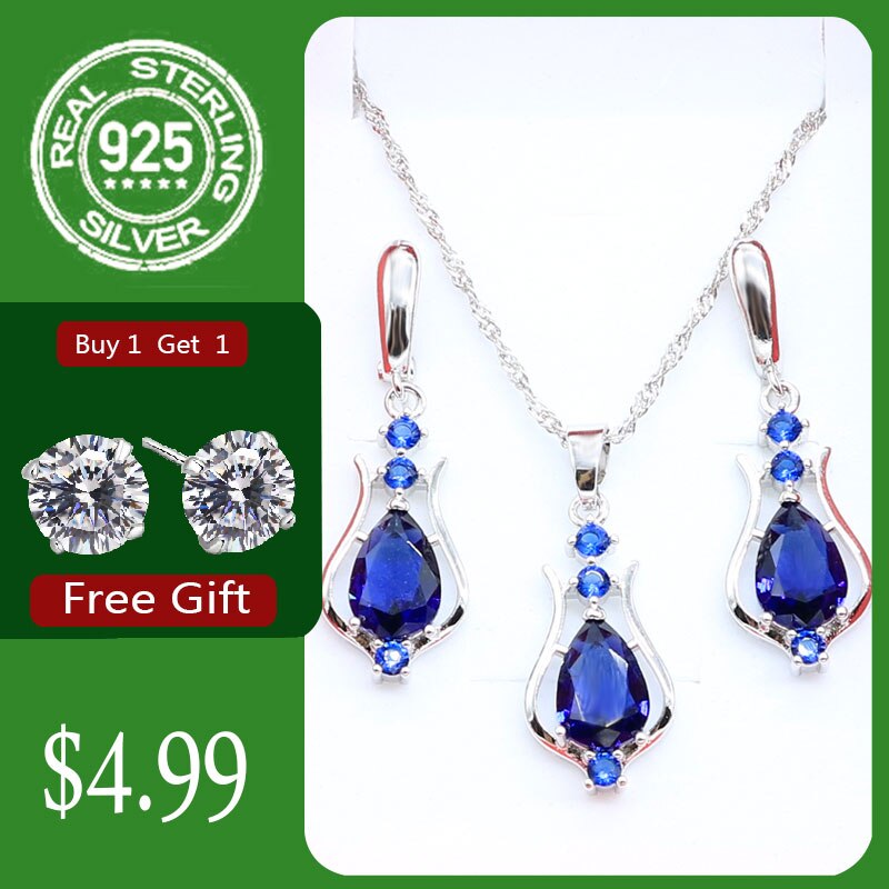 925 Sterling Silver Jewelry Green Emerald Necklace dangle Earrings For Women Costume Jewelry Sets Free: Blue / 6