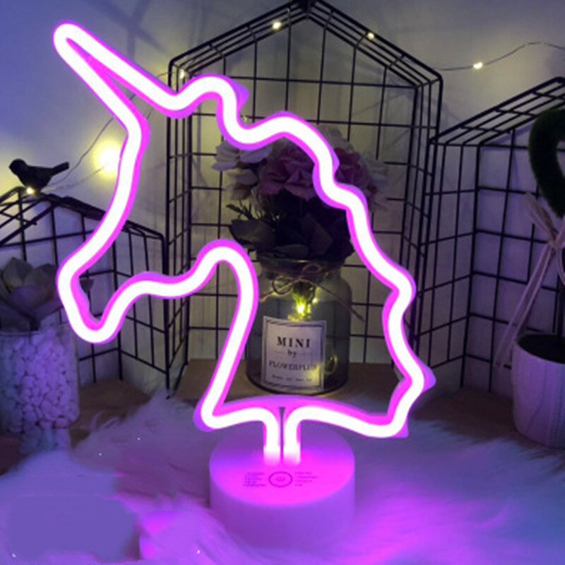 8 mode neon led ljus tecken julfest heminredning sovrum bordslampa flamingo måne enhörning träd neon gul: Enhörning